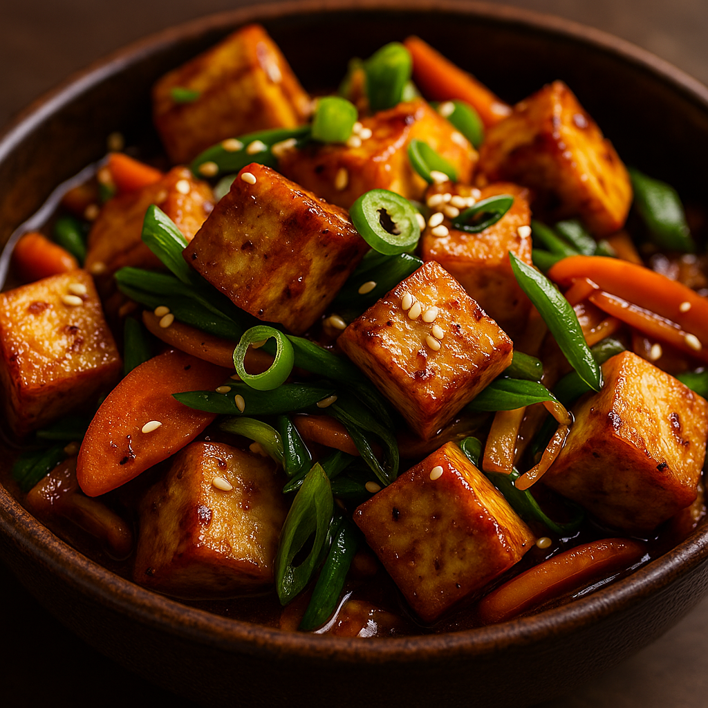 A bowl filled with golden brown, crispy baked tofu cubes.